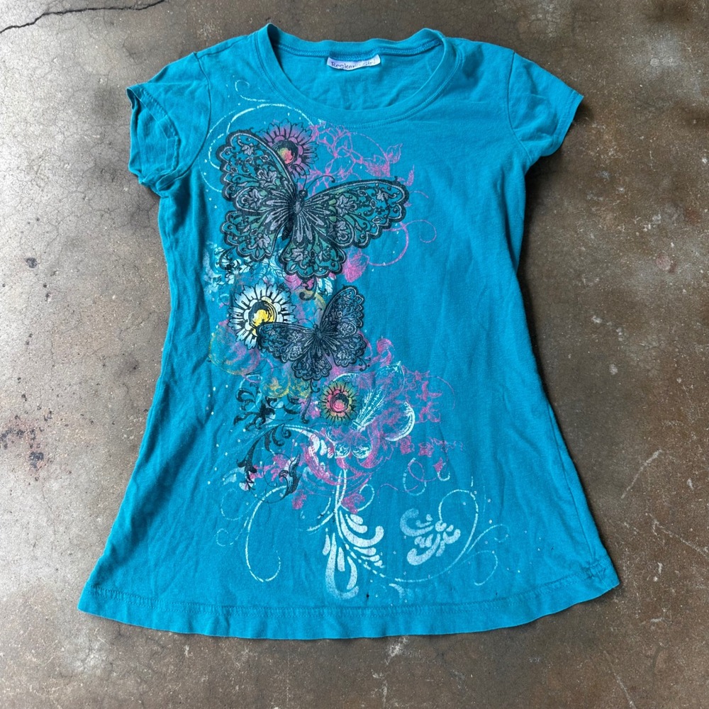 Rocker Girl Graphic Tee Women S Teal Good Butterfly Floral Y2K McBling T-Shirt